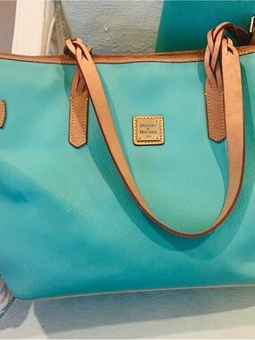 Dooney & Bourke Turquoise Leather Tote with Tan Trim